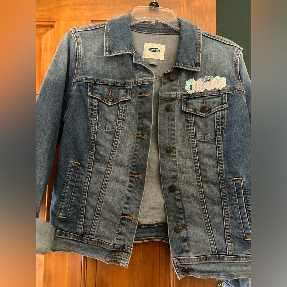 Old Navy Jean jacket with Stitch Ohana patch above left pocket